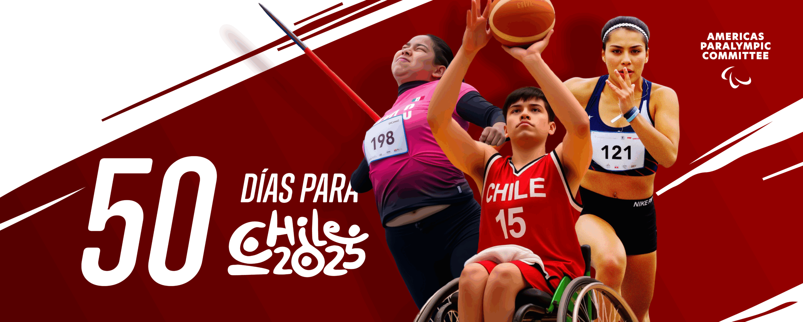 Es un banner que dice "50 dias para Chile 2025". Salen tres deportistas juveniles: una atleta, lanzamiento de balas y un atleta en baloncesto en silla de ruedas.